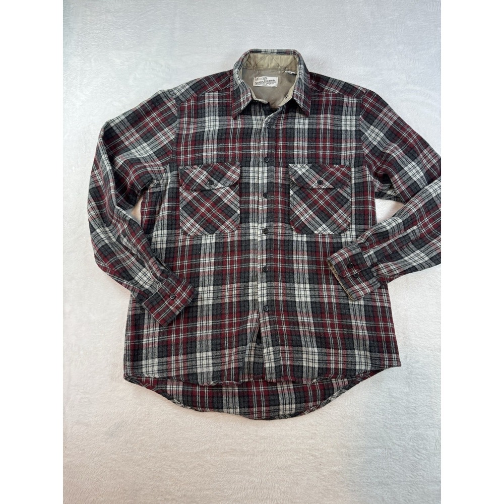 Vintage SEARS ROEBUCK Flannel Button Up Plaid Wool Red Black Gray Sz M Farm Work